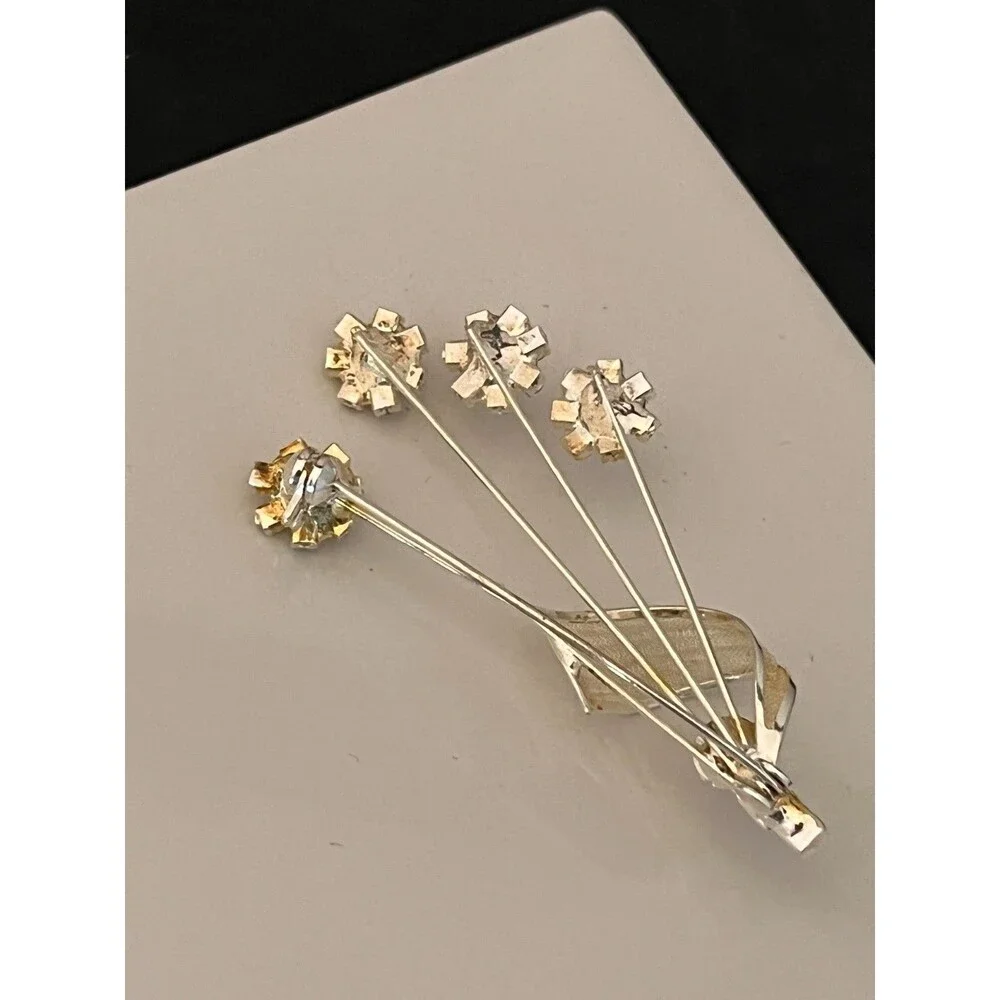 Vintage 1950s Brooch Clear Rhinestone Floral Spray Silver Tone Mid Century - 1I